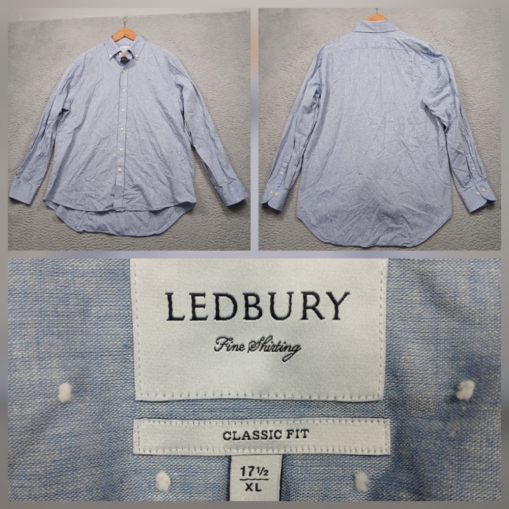Ledbury Classic Fit Dress Shirt Men's XL 17.5 Blue Dot Oxford